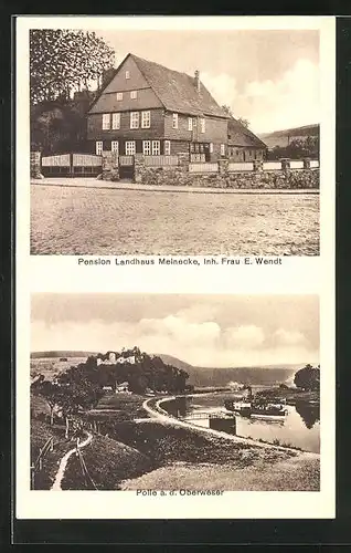 AK Polle /Weser, Hotel-Pension Landhaus Meinicke, Flusspartie mit Dampfer