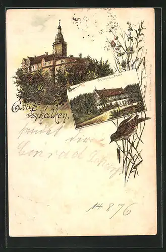 Lithographie Meisdorf, Gasthaus zum Falken, Singvogel