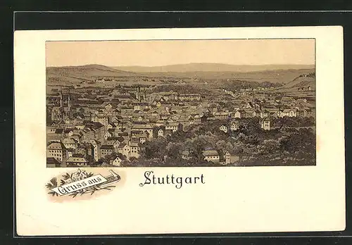 Lithographie Stuttgart, Ortsansicht aus erhöhter Position