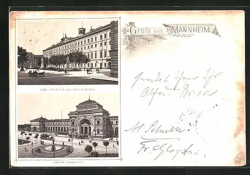 Lithographie Mannheim, Hof-Theater und Schillerplatz, Haupt-Bahnhof