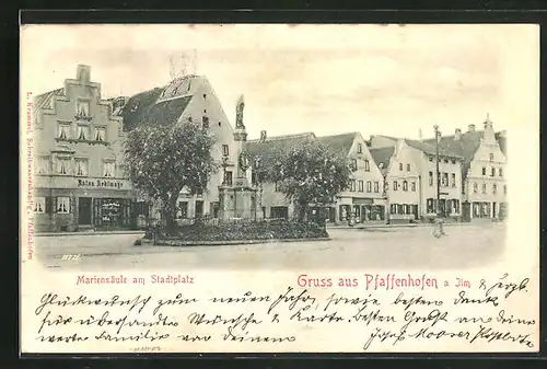 Relief-AK Pfaffenhofen a. Ilm, Mariensäule am Stadtplatz