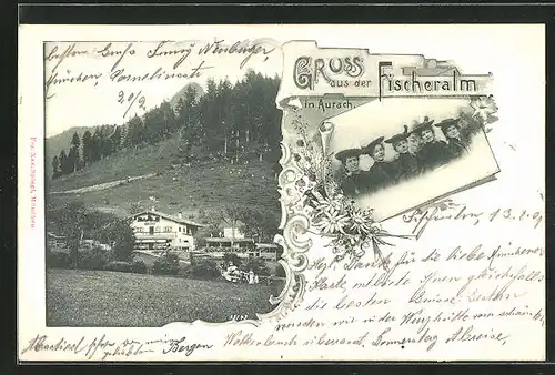 AK Fischeralm / Aurach, Frauen mit Sonnenhut, Ortsansicht mit Berg