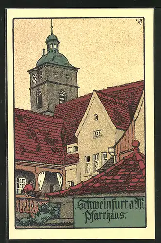 Steindruck-AK Schweinfurt a. M., Pfarrhaus, Kirchturm