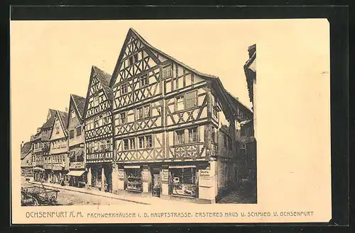 AK Ochsenfurt a. M., Fachwerkhäuser mit Geschäften i. d. Hauptstrasse