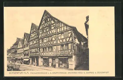 AK Ochsenfurt a. M., Fachwerkhäuser mit Geschäften i. d. Hauptstrasse