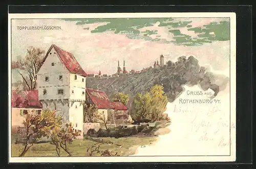 Künstler-AK Rothenburg, Topplerschlösschen bei Dämmerung