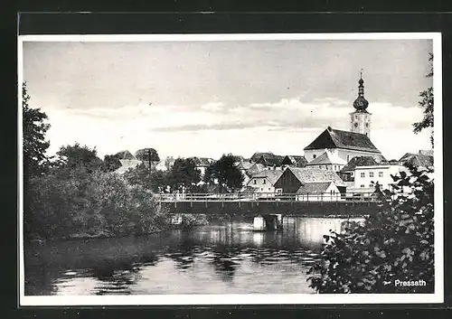 AK Pressath, Flusspartie mit Brücke, Blick gegen die Kirche