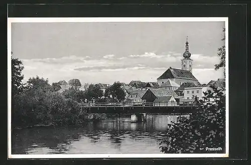 AK Pressath, Flusspartie mit Brücke, Blick gegen die Kirche