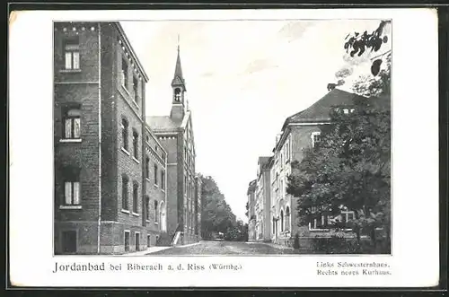 AK Jordanbad /Württembg., Strassenpartie mit Schwesternhaus und Kurhaus