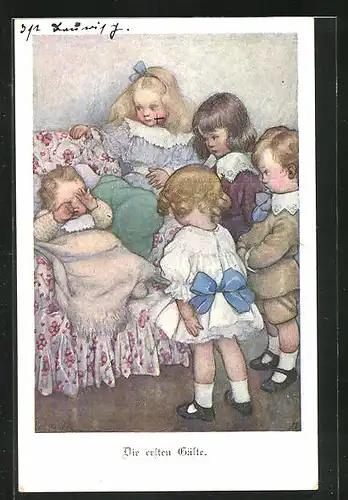 Künstler-AK Susan Beatrice Pearse: Die ersten Gäste, Kinder umringen ein weinendes Kleinkind