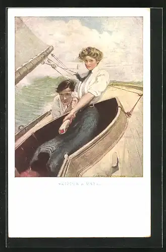 Künstler-AK Clarence F. Underwood: Skipper & Mate, Liebespaar auf Segeltour