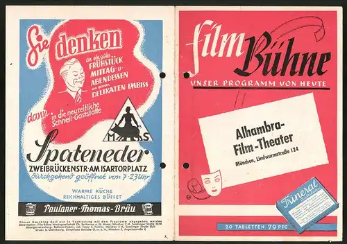 Filmprogramm Film Bühne, Reklame für Alhambra-Film-Theater in München, Lindwurmstrasse 124