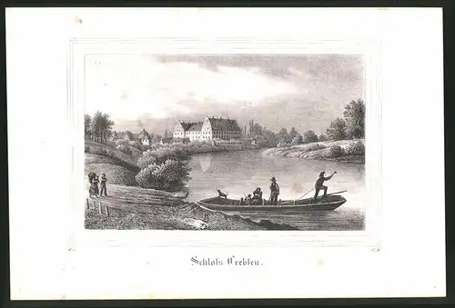 Lithographie Trebsen, Flusspartie mit Schloss, Lithographie um 1835 aus Saxonia, 28 x 19cm