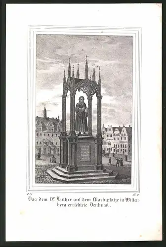 Lithographie Wittenberg, Luther-Denkmal, Lithographie um 1835 aus Saxonia, 28 x 19cm