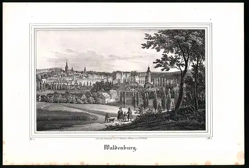 Lithographie Waldenburg, Gesamtansicht mit Kirchen, Lithographie um 1835 aus Saxonia, 28 x 19cm