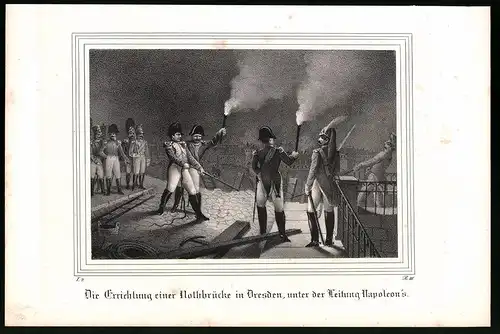 Lithographie Errichtung einer Nothbrücke in Dresden unter Napoleon, Lithographie um 1835 aus Saxonia, 28 x 19cm