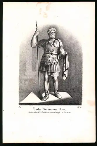 Lithographie Statue des Kaiser Antonius Pius in Dresden, Lithographie um 1835 aus Saxonia, 28 x 19cm