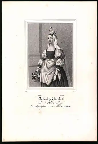 Lithographie Heilige Elisabeth Landgräfin von Thüringen, Lithographie um 1835 aus Saxonia, 28 x 19cm