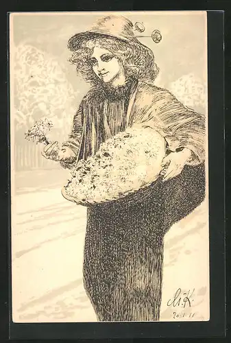 AK Leipzig, Margueritentag 1911, Frau mit Blumenkorb