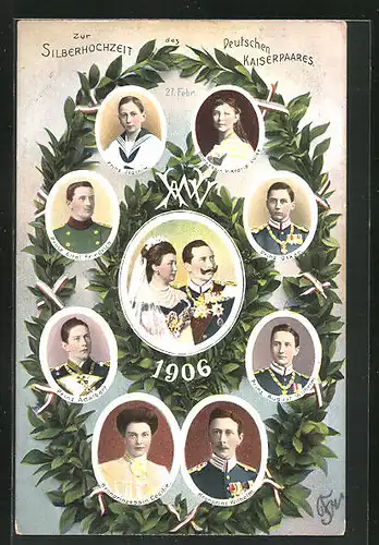 AK Silberhochzeit des Deutschen Kaiserpaares 1906, Kaiserin Auguste Victoria Königin von Preussen und Familie