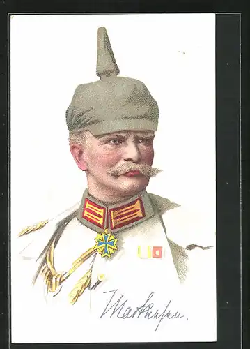 Künstler-AK Heerführer von Mackensen in Uniform mit Pickelhaube