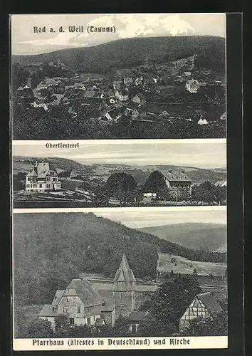 AK Rod a. d. Weil, Pfarrhaus und Kirche, Oberförsterei, Totalansicht