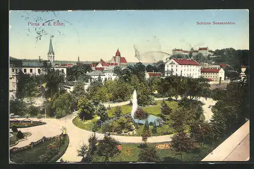 AK Pirna a.d. Elbe, Schloss Sonnenstein aus der Vogelschau