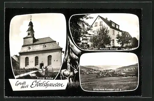 AK Eibelshausen, Panorama vom Rommelsberg, Evang. Kirche & Pension Künkel