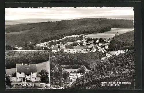 AK Treisberg / Ts., Fernblick ins Weiltal & Café Sachs