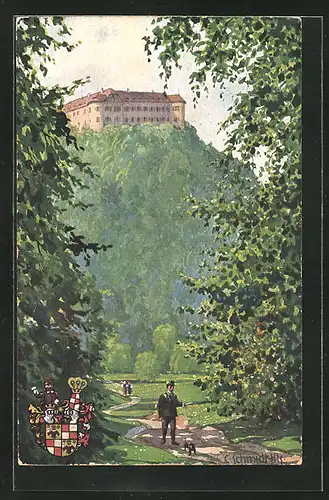 Künstler-AK Kitzingen /Unterfrkn., Schlossgut Schwanberg mit Wappen