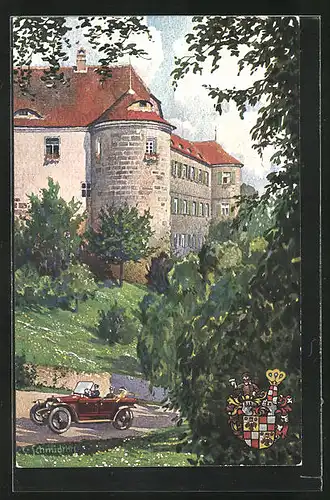 Künstler-AK Kitzingen /Unterfrkn., Schlossgut Schwanberg mit Auto