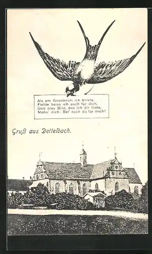 AK Dettelbach, Kirche und Vogel mit Nachricht