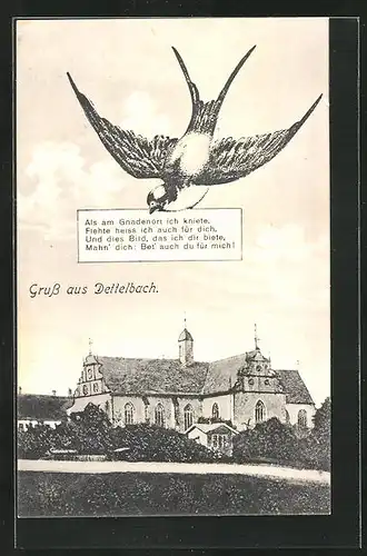 AK Dettelbach, Kirche und Vogel mit Nachricht