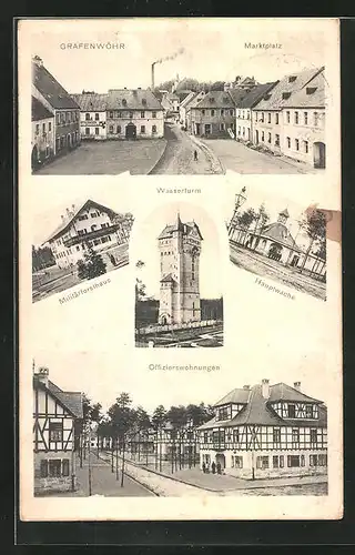 AK Grafenwöhr, Marktplatz mit Eisenhandlung, Militärforsthaus, Wasserturm