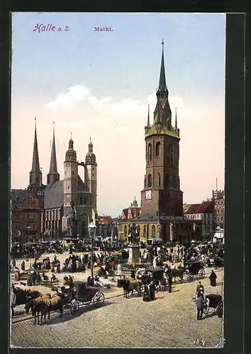 AK Halle a. S., Markt mit Kirche und Denkmal