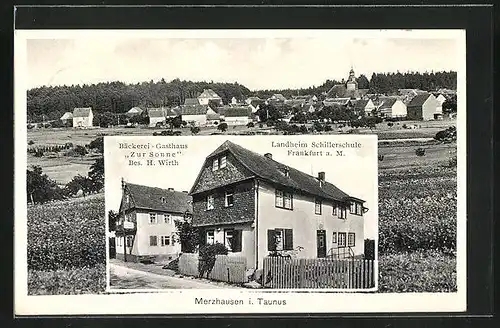 AK Merzhausen i. T., Panorama & Bäckerei-Gasthaus Zur Sonne