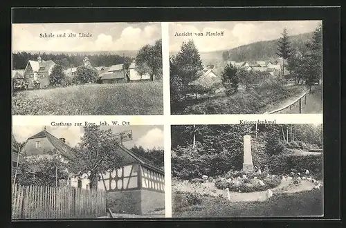 AK Mauloff, Panorama, Schule m. alter Linde & Gasthaus zur Rose