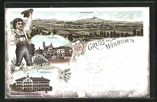 Lithographie Weilheim i /B., Panorama, Hauptplatz, Königliche Realschule