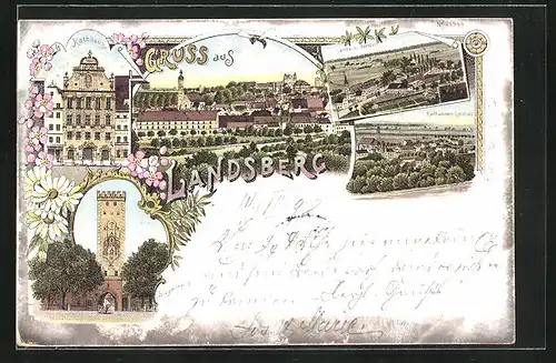 Lithographie Landsberg, Rathaus, Bayertor, Sandauer Vorstadt
