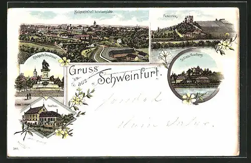 Lithographie Schweinfurt, Saalbau, Markt mit Rückert-Denkmal, Peterstirn