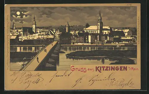 Lithographie Kitzingen a /Main, Teilansicht bei Mondschein