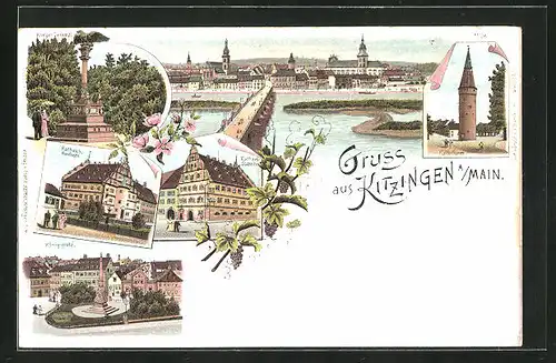 Lithographie Kitzingen a /Main, Rathaus Nordseite, Königsplatz, Krieger-Denkmal