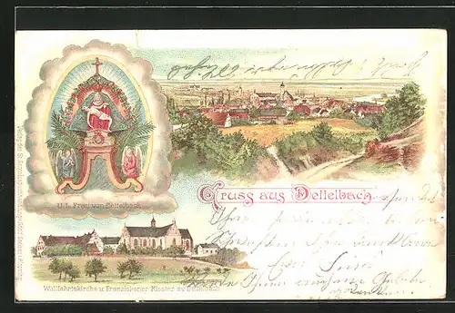 Lithographie Dettelbach, Teilansicht, Wallfahrtskirche und Franziskaner Kloster, Gnadenbild