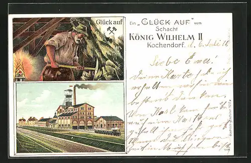 Präge-Lithographie Kochendorf, Schacht König Wilhelm II. und Eisenbahn, Bergarbeiter