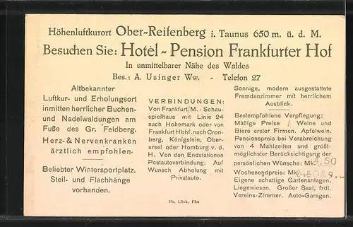 AK Ober-Reifenberg i. Ts., Pension-Restaurant Frankfurter Hof und Autos