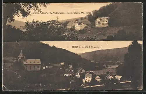 AK Rod a. d. Weil /Taunus, Gasthaus Waldlust, Teilansicht mit Kirche