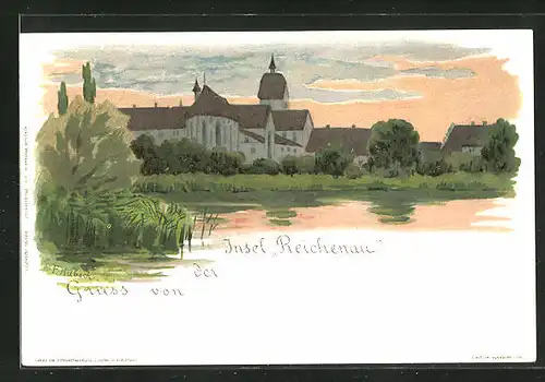 Künstler-AK Reichenau /Insel, Ortsansicht mit Schloss zur Dämmerung