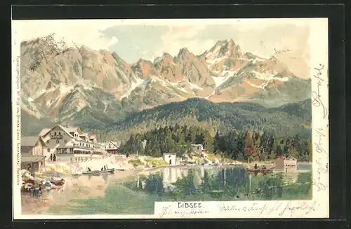 Lithographie Eibsee, Ortsansicht mit Gebirge