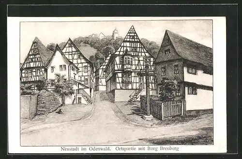 Künstler-AK Neustadt i. Odw., Strasse mit Burg Breuberg