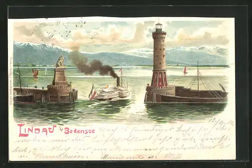 Lithographie Lindau /Bodensee, Hafeneinfahrt